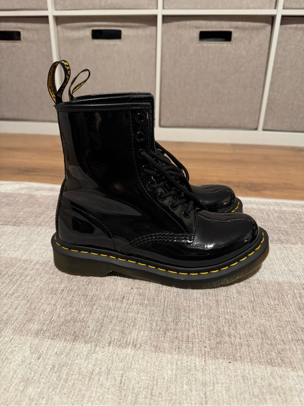 Dr. Martens Black Patent 8-Eye Lace-Up Boots with Yellow Stitching